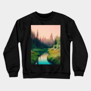 AI Generated Art Scenery - Lush Green Forest Mountains In The Back And River Crewneck Sweatshirt